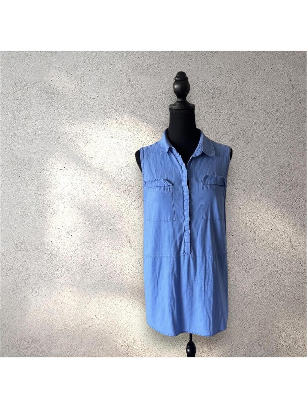 Jones New York Sleeveless Blue Button-Up Tunic Top 100% Linen